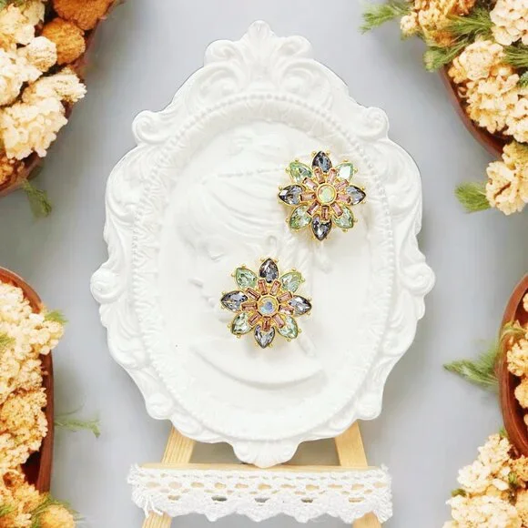 Multi color earrings, Multi color flower stud, Bridal multi color earrings, Gift - Picture 3 of 7